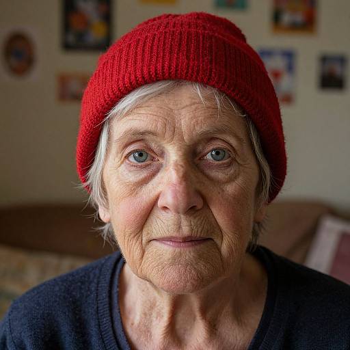 Close-up photograph of an elderly woman with blue eyes, wearing a red knitted beanie and black sweater, smiling slightly, with blurred colorful artwork in