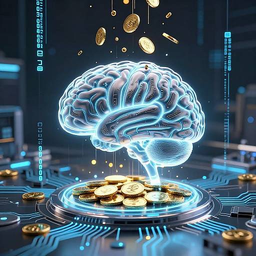 Digital CGI of glowing blue human brain hovering above a circular platform of gold coins, surrounded by floating coins and circuitry.