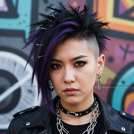 Photograph of an Asian woman with a mohawk, purple-streaked black hair, spiked leather jacket, black choker, chain necklace, and