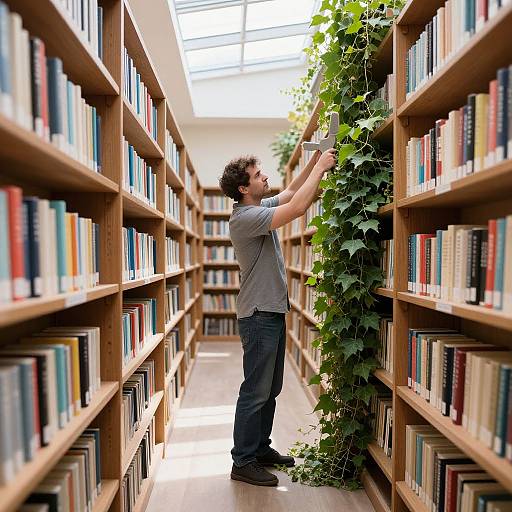 Photograph of a curly-haired man in a gray shirt and jeans, reaching up to touch ivy-covered shelves in a sunlit library.