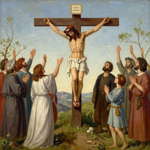 Painting of Jesus crucified on a wooden cross, surrounded by mournful onlookers, with a sign reading 