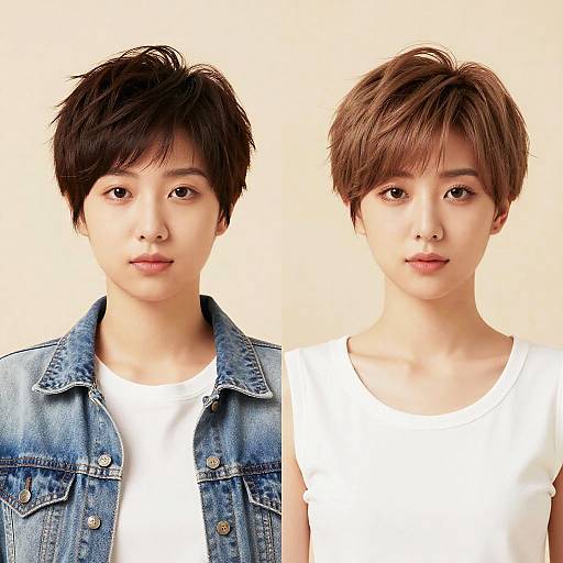 Photograph of two Asian individuals with short brown hair, one in a denim vest, the other in a white shirt, against a beige background.