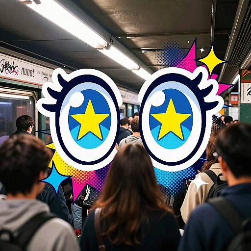 Photograph of a crowded subway station with graffiti-style, colorful Nintendo logo stickers overstanding, people in jackets, fluorescent lights, and a 