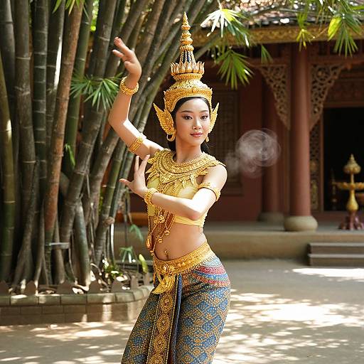 Photograph of an Asian dancer in ornate gold and blue traditional Thai attire, posing gracefully outdoors among bamboo trees and a temple-like structure.