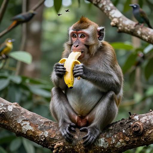 Photograph of a brown monkey with a yellow banana, sitting on a rough tree branch in a lush, green jungle, with small birds flying in the