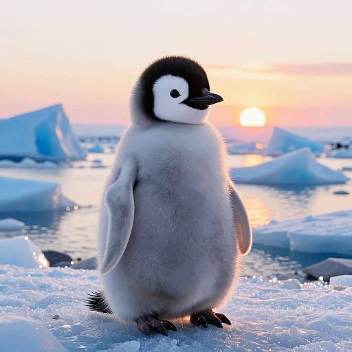 Photograph of a fluffy, gray and white Emperor penguin standing on icy water at sunset, with glowing orange sky and blue icebergs in the