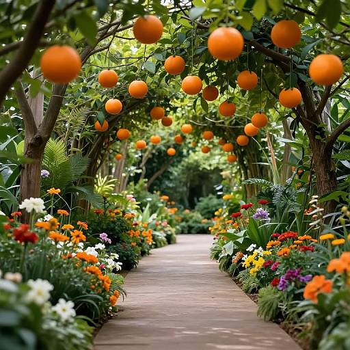 Surreal Garden Pathway with Floating Lanterns
