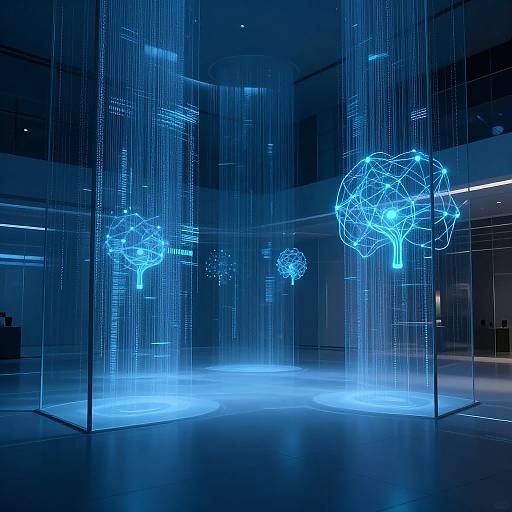 Photograph of a modern art installation featuring glowing blue wire sculptures of geometric trees in a dark, illuminated gallery space.