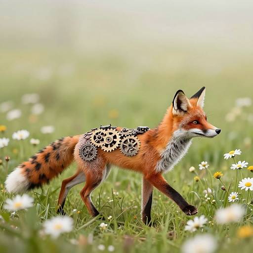 Photograph of a red fox with black-and-white mechanical gear patterns on its side, walking through a lush, daisy-filled meadow.