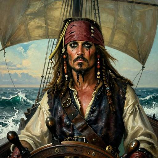 Digital painting of a rugged, bearded pirate captain with a maroon headscarf, long hair, and pirate vest, steering a ship through turbulent