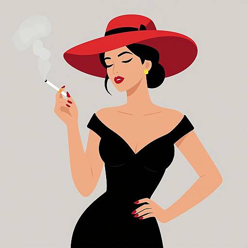 Digital illustration of a stylish woman with fair skin, black hair, red hat, off-shoulder black dress, smoking, white background.