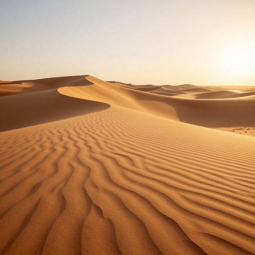 Photograph of a golden desert landscape at sunset, featuring rippled sand dunes with soft shadows, under a bright, glowing sky.