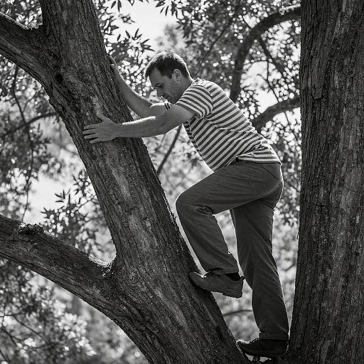 Man Climbing Tree in Black and White
