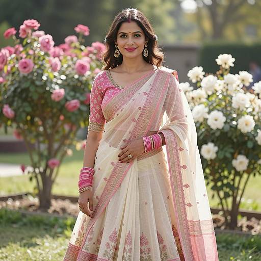 Indian Woman in Traditional Pink and Cream Saree in Garden