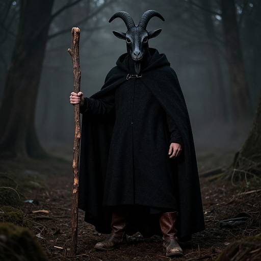 Photograph of a mysterious figure in a dark forest, wearing a black hooded cloak and a black, horned goat mask, holding a wooden staff