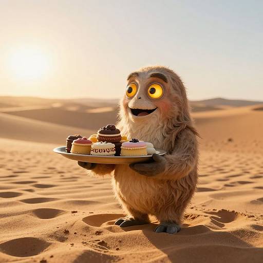 CGI image of a cute, furry, wide-eyed desert monkey holding a plate of colorful cupcakes in a sunny, sandy desert.