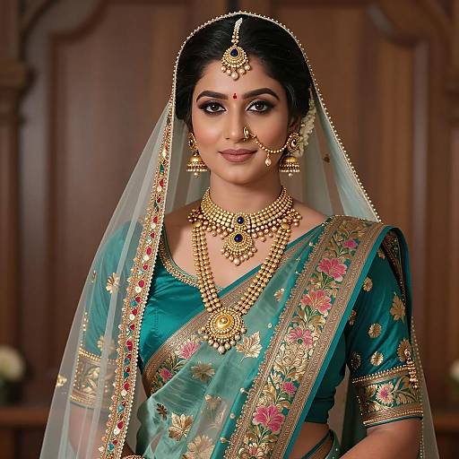 Indian Bride in Teal Saree and Gold Jewelry