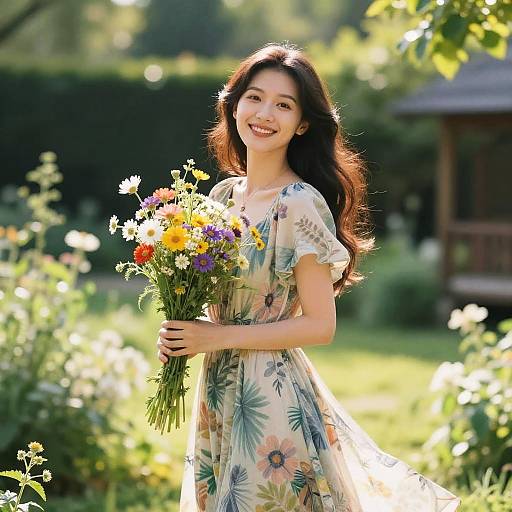 Photograph of a smiling Asian woman with long dark hair, wearing a floral dress, holding a colorful bouquet of flowers in a sunlit garden.
