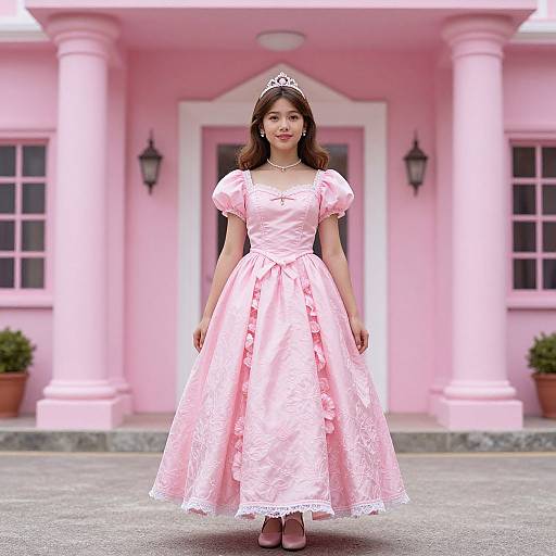 Photograph of an Asian girl in a pink princess dress, tiara, and pink shoes, standing in front of a pink building.