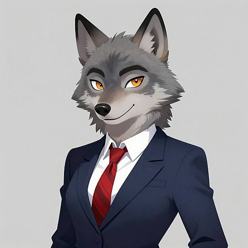 Digital illustration of an anthropomorphic grey wolf with orange eyes, wearing a dark blue suit, white shirt, and red tie, smiling confidently against a plain