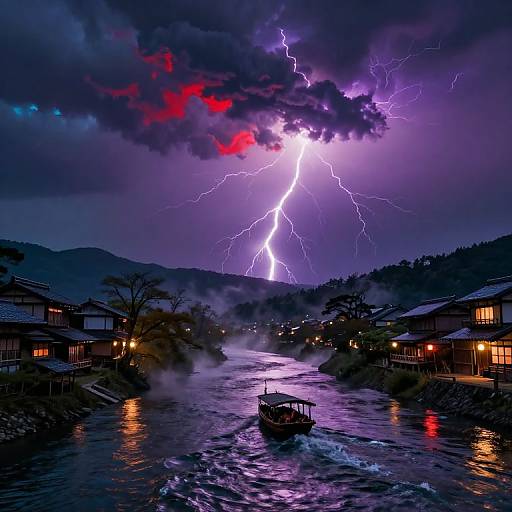 Photograph of a dramatic night scene with vivid purple and red lightning illuminating a tranquil Japanese village by a river, with a boat on the water in