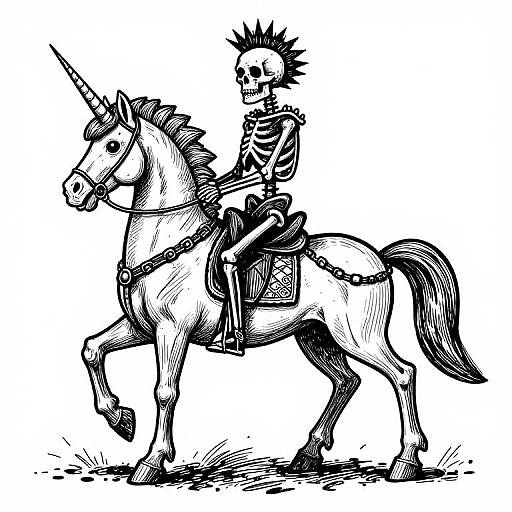 Black and white ink drawing of a skeletal warrior with spiky hair riding a unicorn, both in motion, with detailed textures and line work.