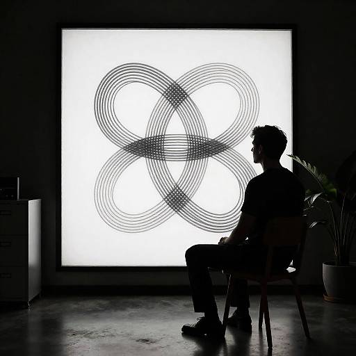Silhouetted Man Sitting in Front of Illuminated Abstract Art