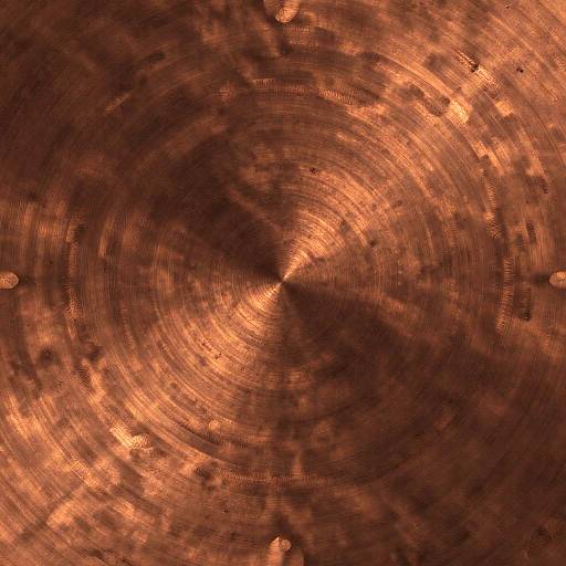 Abstract digital artwork featuring a radial, textured pattern in rich copper and bronze tones. The concentric circles create a dynamic, swirling effect with metallic sheen