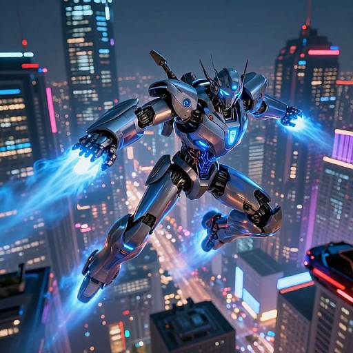 CGI image of a glowing blue, metallic robot with laser beams flying over a neon-lit, futuristic city skyline at night.