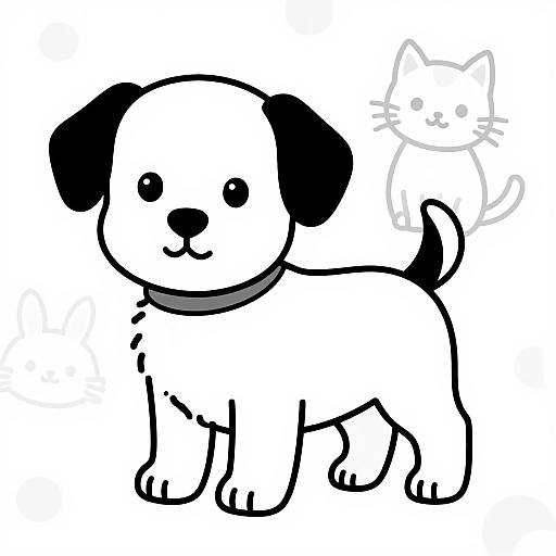 Black and white digital drawing of a cute, cartoon-style puppy with black ears, collar, and tail, accompanied by a faint, smaller cat outline in