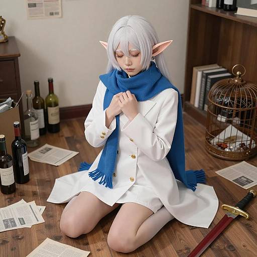 Anime Elf Woman in Cluttered Room