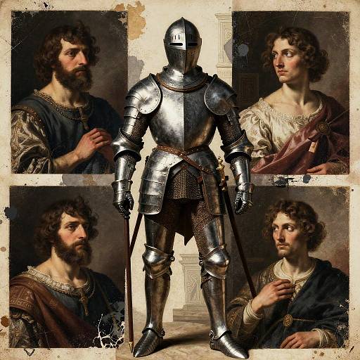 Photographic composite: Bearded man in Renaissance-style armor and three classical portraits of the man in period clothing. Central armor contrasts with dark, textured backgrounds