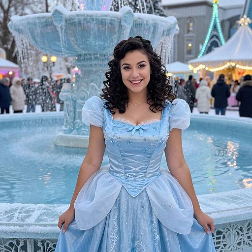 Photograph of a curly-haired woman in a blue, Cinderella-style dress, smiling in front of a snowy, illuminated fountain. Festive, winter