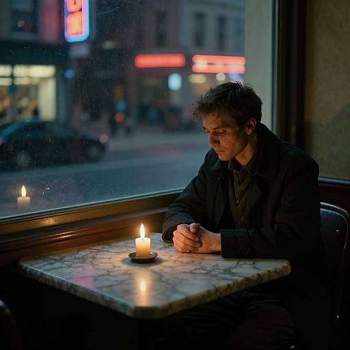 Photograph: Sad young man with messy brown hair, wearing dark jacket, sits alone in dimly lit café, gazing at candle, raindrops