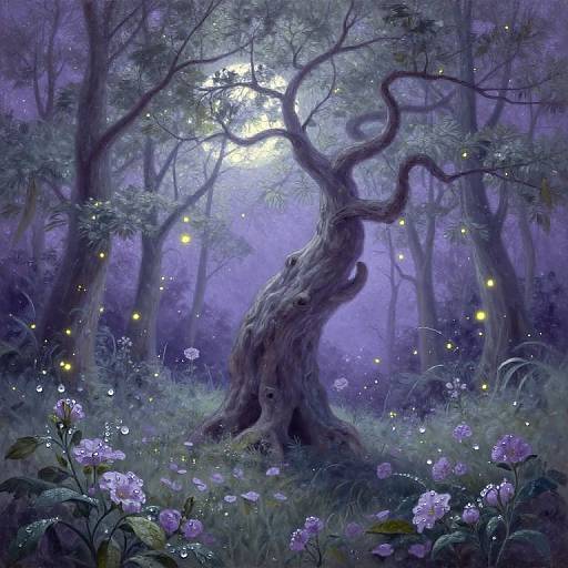 Magical, purple-lit forest with a twisted, ancient tree at center, surrounded by glowing fireflies, lush flowers, and misty fog.