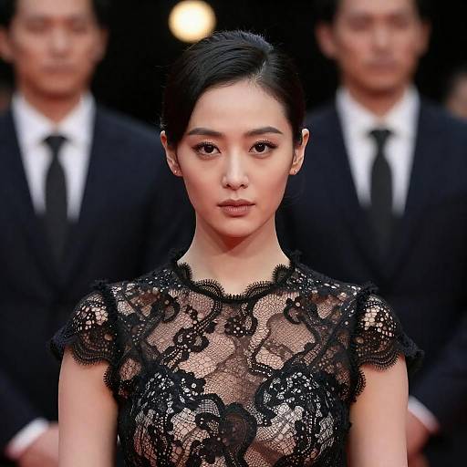 Woman in Black Lace Dress with Intense Gaze