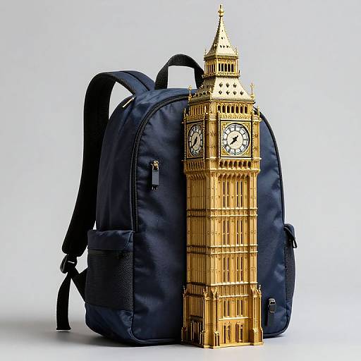 Photograph of a dark blue backpack with a golden, detailed replica of Big Ben clock tower standing upright in front.