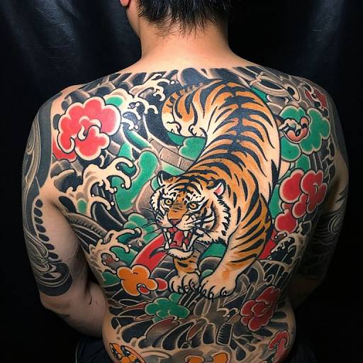 Photograph of a man with a colorful, full-back tiger tattoo featuring traditional Japanese-style waves and clouds, against a black background.