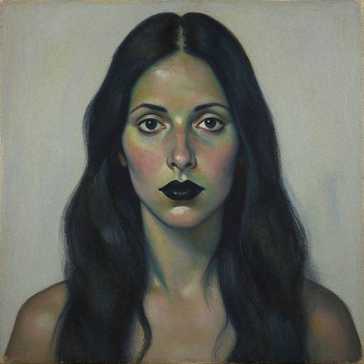 Olive-skinned, dark-haired woman with black lipstick, wide eyes, and soft, blended colors in a surreal, realistic painting style.