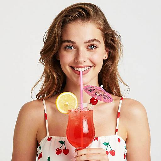 Photograph of a smiling young woman with blue eyes, brown wavy hair, wearing a white cherry-print dress, holding a red cocktail with a straw