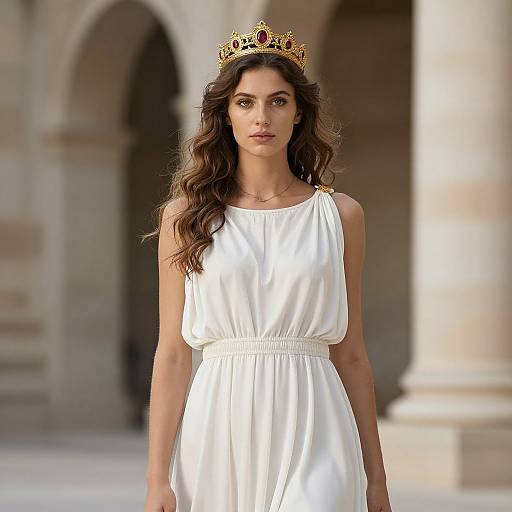 Photograph of a tall, brunette woman with wavy hair, wearing a white sleeveless dress and a gold crown, standing in front of a blurred