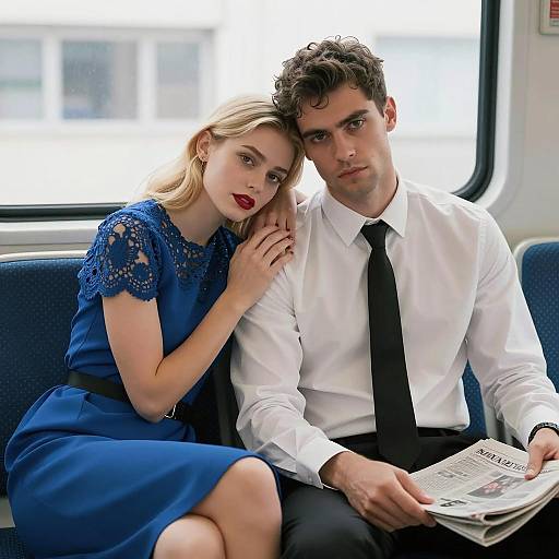 Elegant Couple on a Blue Seat