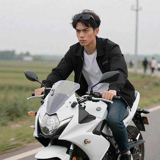 Intense Rider on White Suzuki Motorcycle
