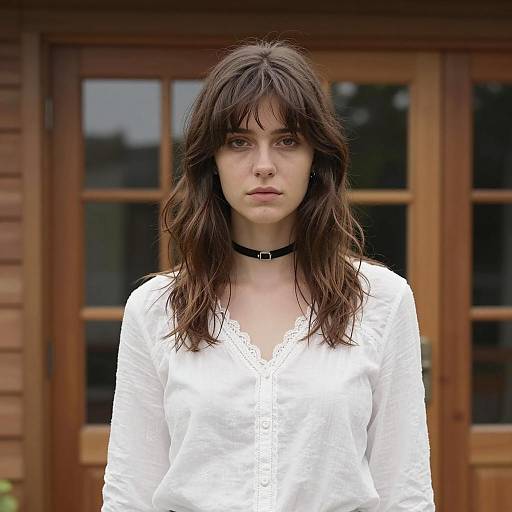 Elegant Woman in Front of Wooden House