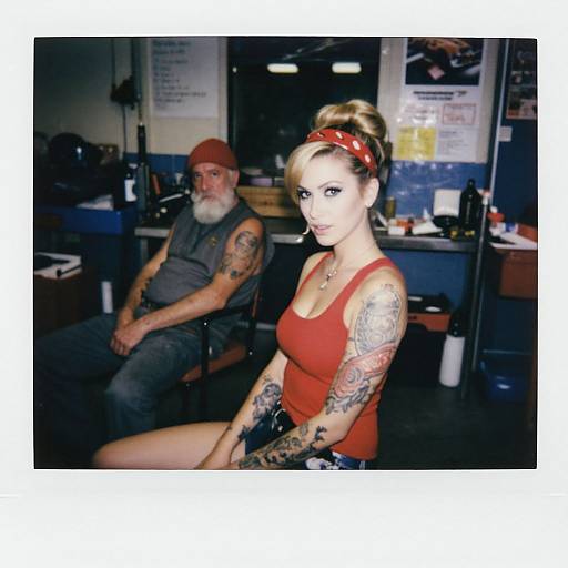 Photograph of a tattooed blonde woman in red tank top and headband, sitting in a dimly lit tattoo parlor, next to an older