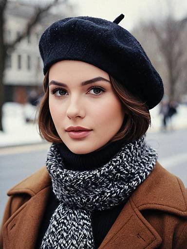 Woman in Winter Fashion Wearing Beret and Scarf