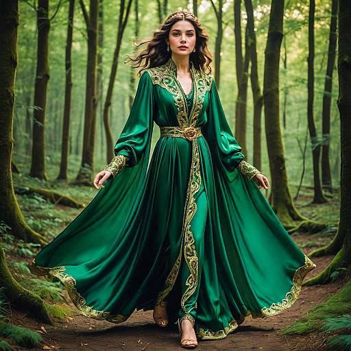 Woman in Emerald Green Medieval Fantasy Robe in Forest