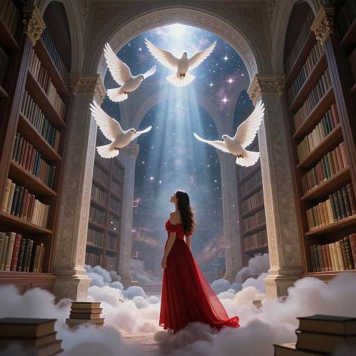 Elegant woman in red dress stands in library, surrounded by floating white doves, with moonlight and clouds below. Digital art.