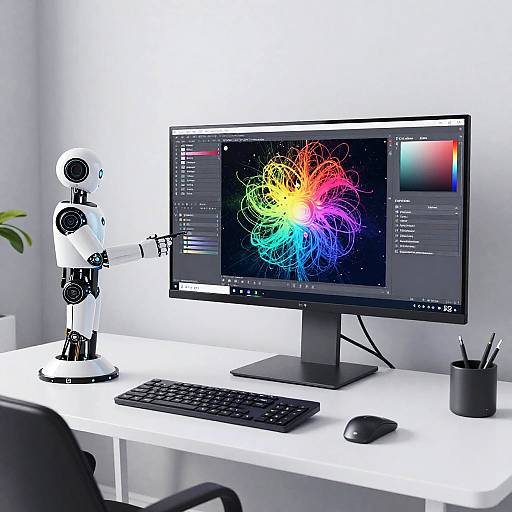 Minimalist Workspace with AI Art Collaboration