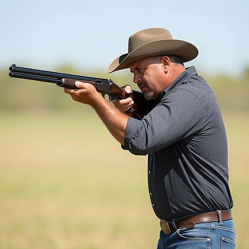 Photograph of a middle-aged, bearded man in a cowboy hat and black shirt, aiming a shotgun in a grassy field.